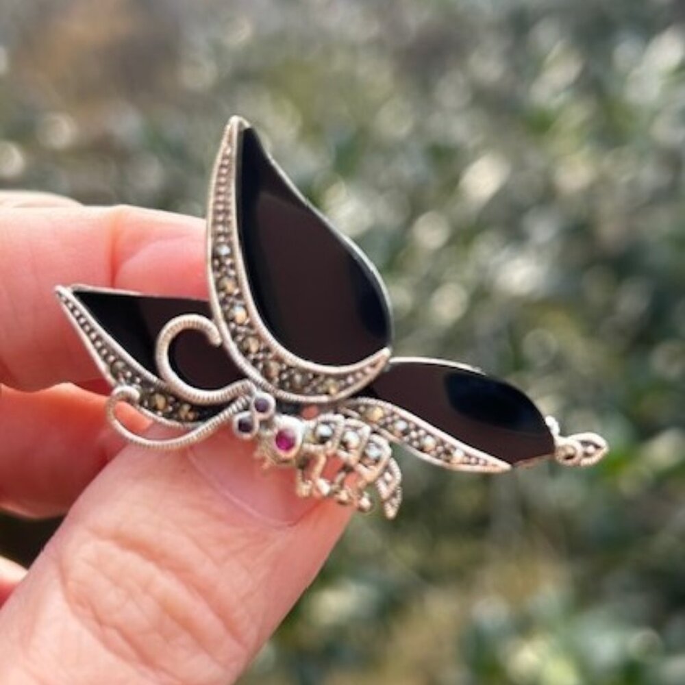 BUTTERFLY 925 Silver Onyx Marcasite Art Deco BROOCH - Picture 3 of 10